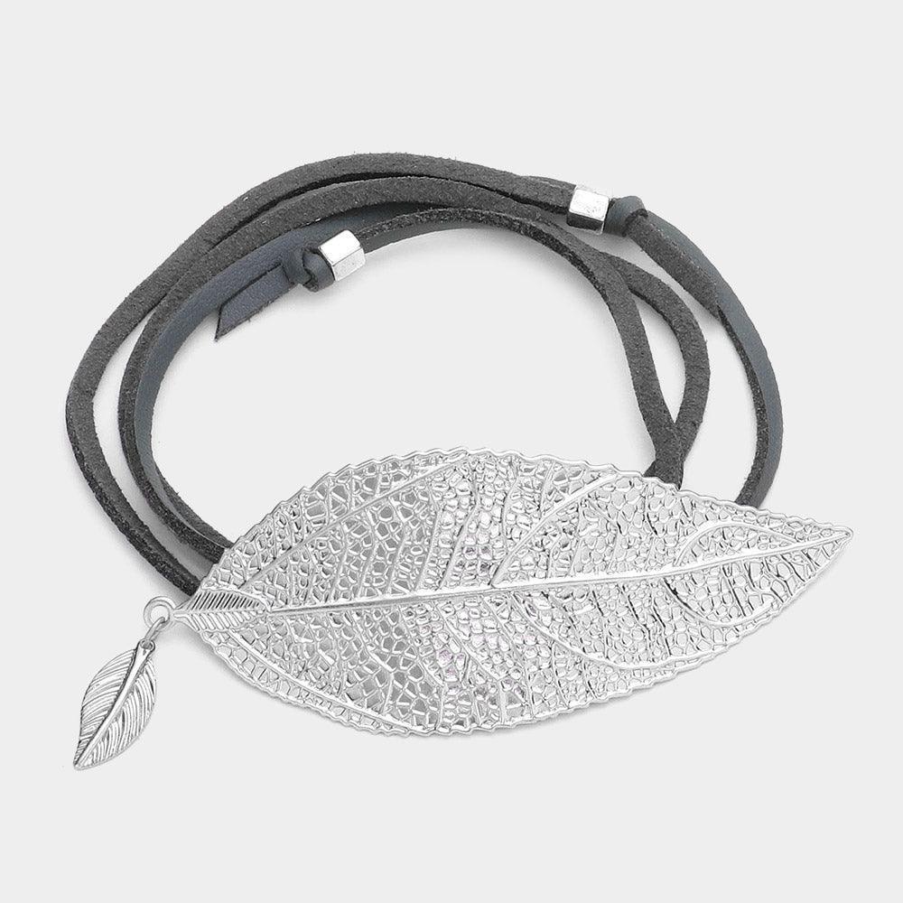 Metal leaf accented faux leather wrap bracelet / choker necklace - Jewelry Store by Erik Rayo
