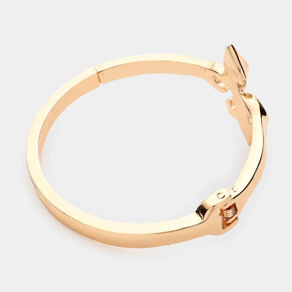 Gold Rhinestone Embellished Metal Fleur de Lis Hinged Bracelet - Jewelry Store by Erik Rayo