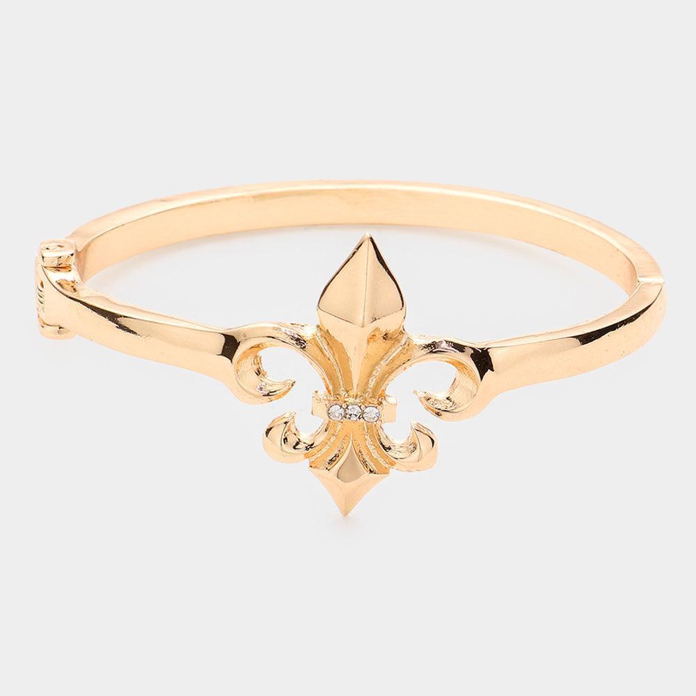 Gold Rhinestone Embellished Metal Fleur de Lis Hinged Bracelet - Jewelry Store by Erik Rayo