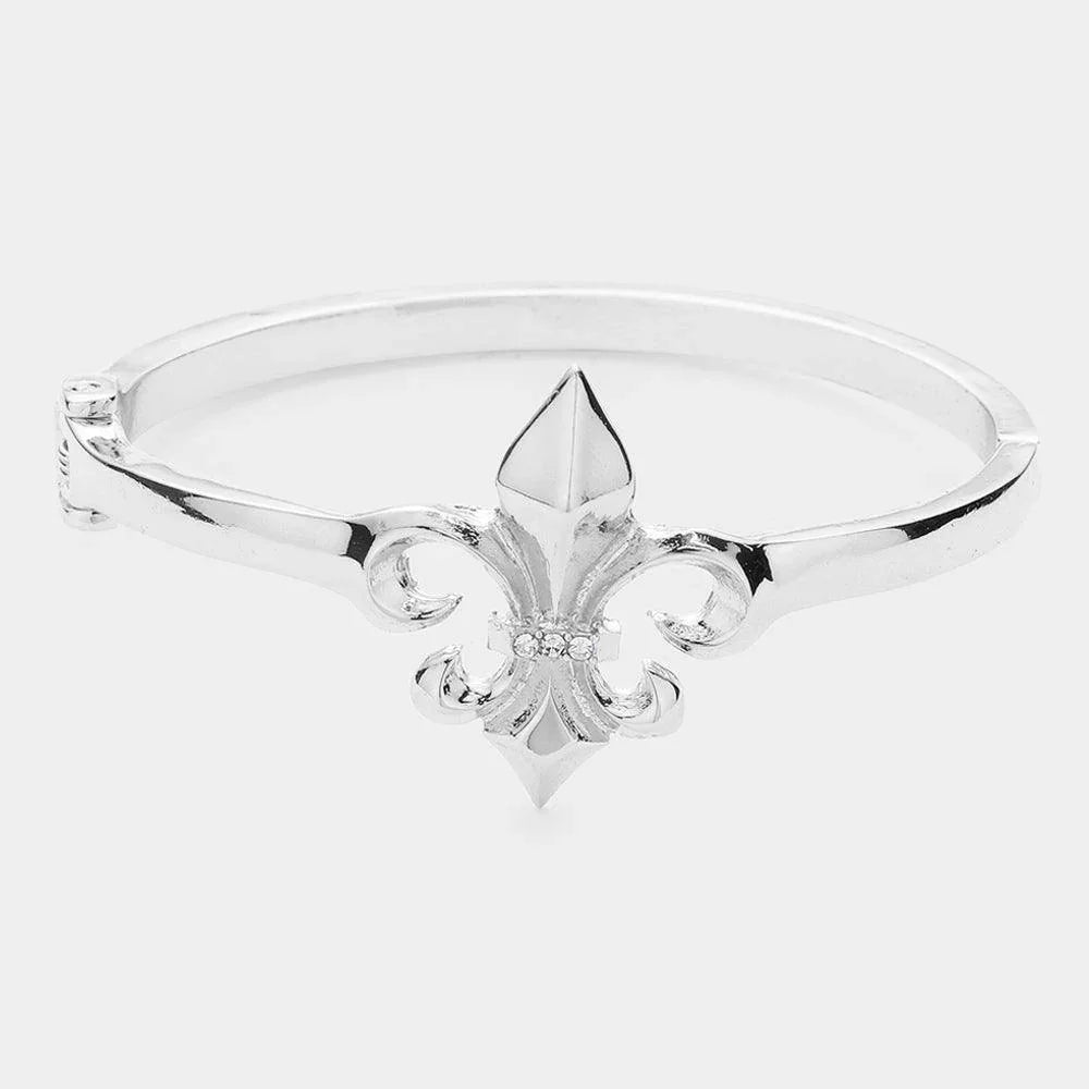 Silver Rhinestone Embellished Metal Fleur de Lis Hinged Bracelet - Jewelry Store by Erik Rayo