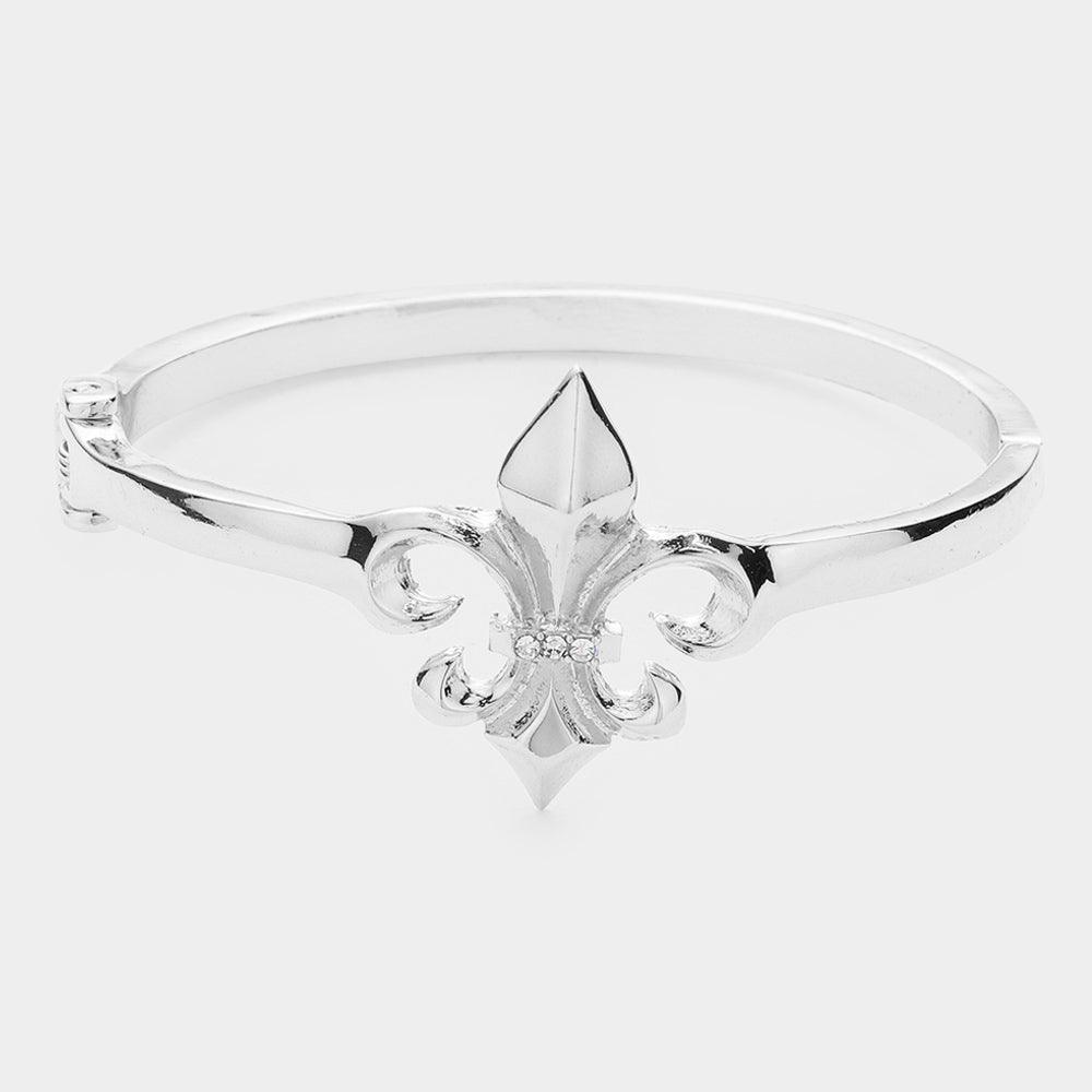 Silver Rhinestone Embellished Metal Fleur de Lis Hinged Bracelet