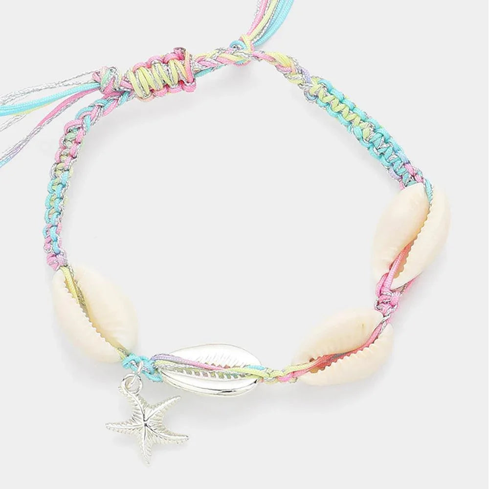 Silver Puka Shell Accented Metal Starfish Charm Pointed Braided Cinch Pull Tie Adjustable Bracelet - Jewelry Store by Erik Rayo