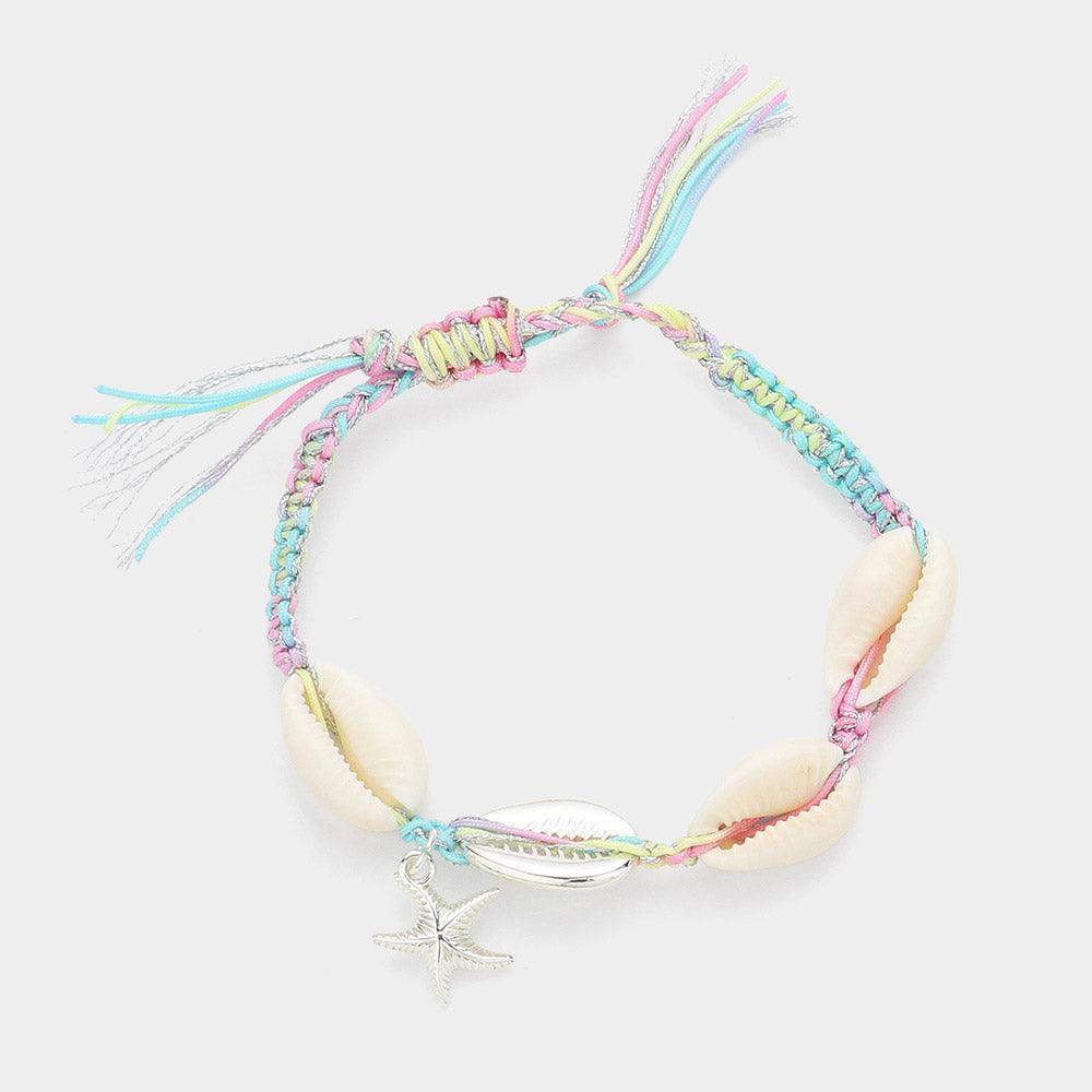 Silver Puka Shell Accented Metal Starfish Charm Pointed Braided Cinch Pull Tie Adjustable Bracelet - Jewelry Store by Erik Rayo