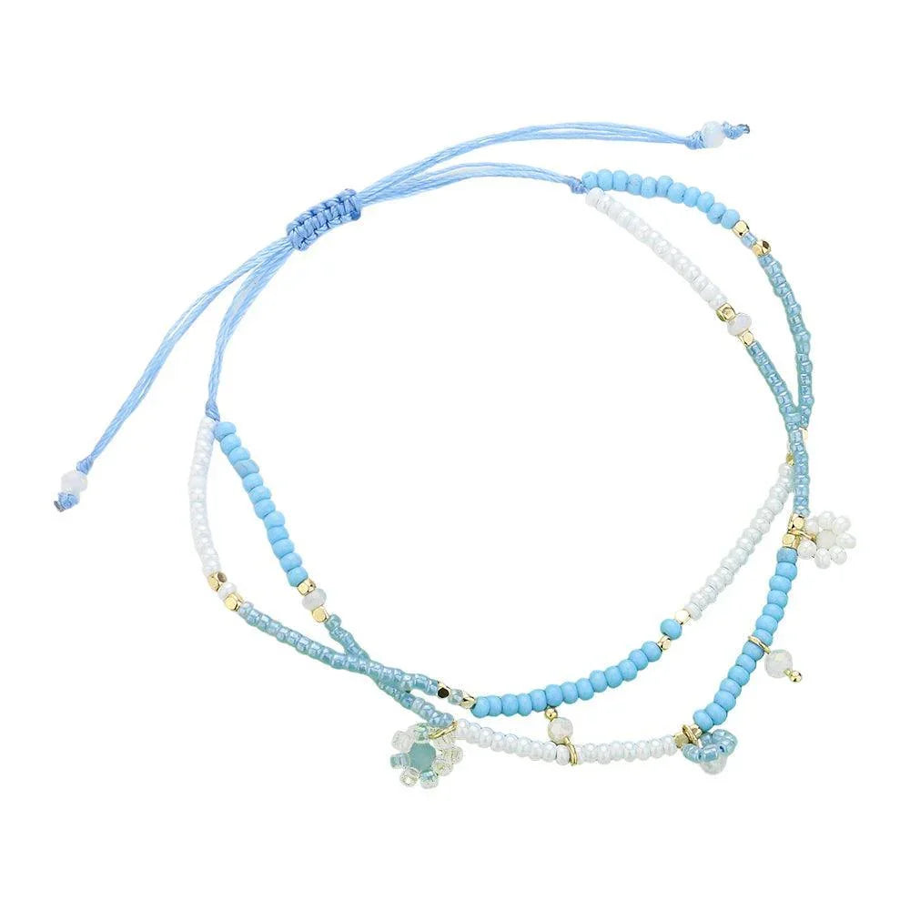 Blue Flower Beaded Cinch Pull Tie Bracelet - Jewelry Store by Erik Rayo