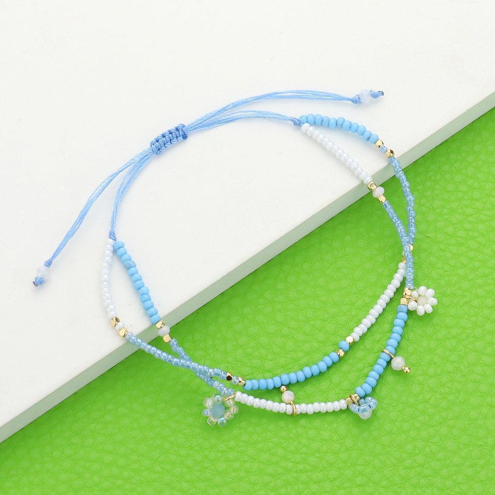 Blue Flower Beaded Cinch Pull Tie Bracelet - Jewelry Store by Erik Rayo