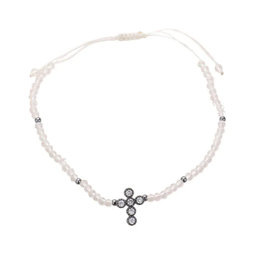 Black CZ Stone Pointed Cross Pendant Faceted Beaded Pull Tie Cinch Bracelet - Jewelry Store by Erik Rayo