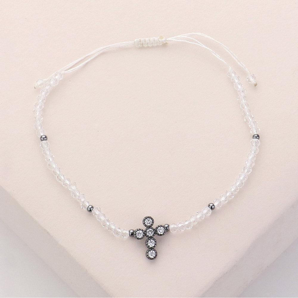 Black CZ Stone Pointed Cross Pendant Faceted Beaded Pull Tie Cinch Bracelet - Jewelry Store by Erik Rayo