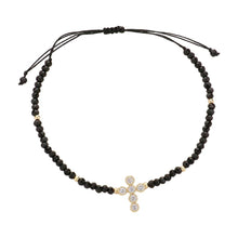 Load image into Gallery viewer, Black CZ Stone Pointed Cross Pendant Faceted Beaded Pull Tie Cinch Bracelet
