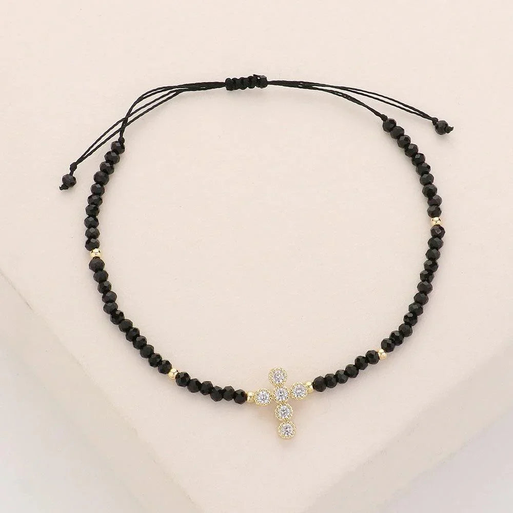 Black CZ Stone Pointed Cross Pendant Faceted Beaded Pull Tie Cinch Bracelet - Jewelry Store by Erik Rayo