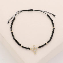 Load image into Gallery viewer, Black CZ Stone Pointed Cross Pendant Faceted Beaded Pull Tie Cinch Bracelet
