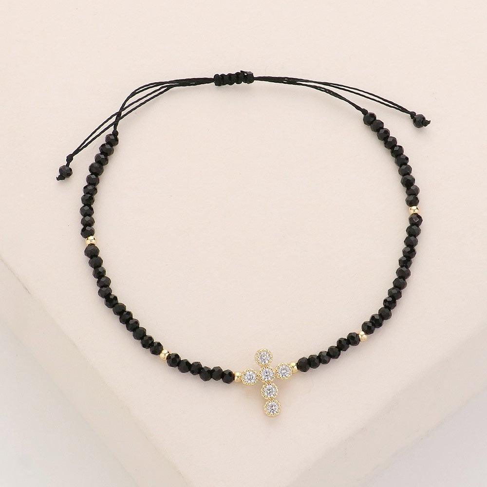 Black CZ Stone Pointed Cross Pendant Faceted Beaded Pull Tie Cinch Bracelet