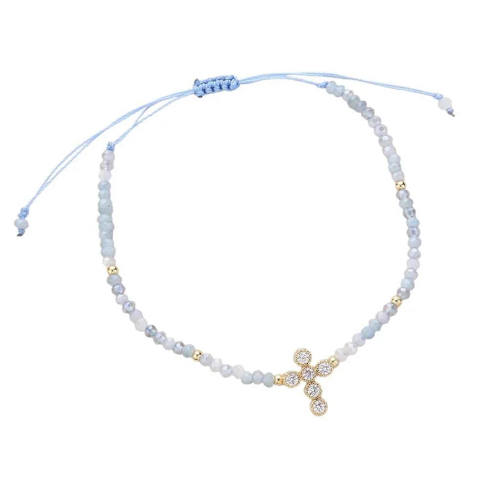 Blue CZ Stone Pointed Cross Pendant Faceted Beaded Pull Tie Cinch Bracelet - Jewelry Store by Erik Rayo