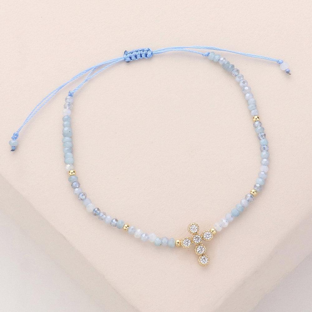 Blue CZ Stone Pointed Cross Pendant Faceted Beaded Pull Tie Cinch Bracelet - Jewelry Store by Erik Rayo