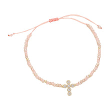 Load image into Gallery viewer, Pink CZ Stone Pointed Cross Pendant Faceted Beaded Pull Tie Cinch Bracelet
