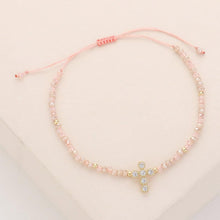 Load image into Gallery viewer, Pink CZ Stone Pointed Cross Pendant Faceted Beaded Pull Tie Cinch Bracelet
