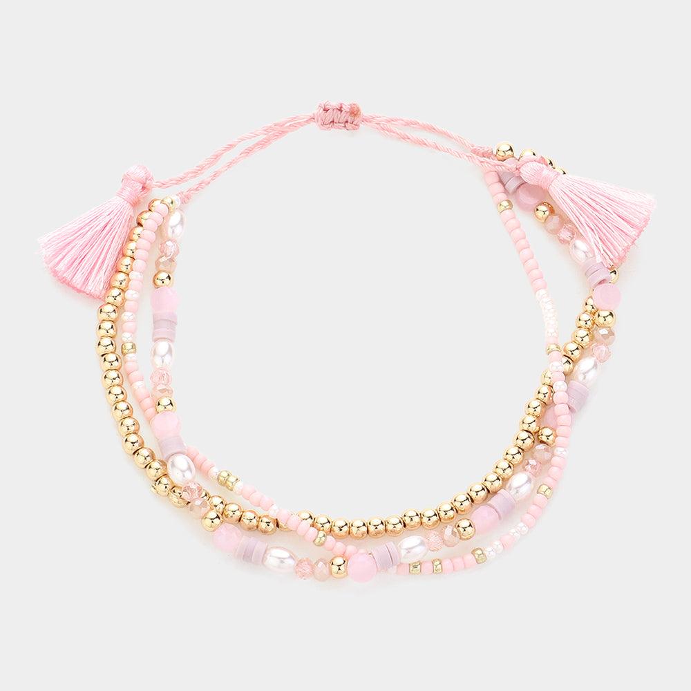 Pink Multi Beaded Triple Layered Tassel Pull Tie Cinch Bracelet