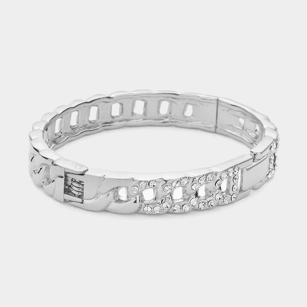 Silver Stone Paved Cuban Chain Hinged Bangle Bracelet - Jewelry Store by Erik Rayo