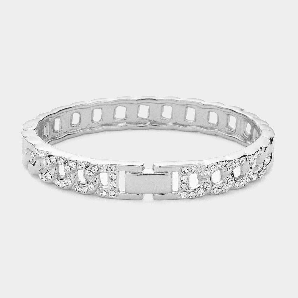 Silver Stone Paved Cuban Chain Hinged Bangle Bracelet