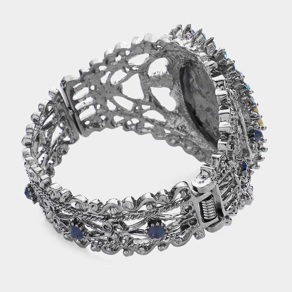 Blue Cameo Centered Stone Trimmed Metal Hinged Bracelet - Jewelry Store by Erik Rayo