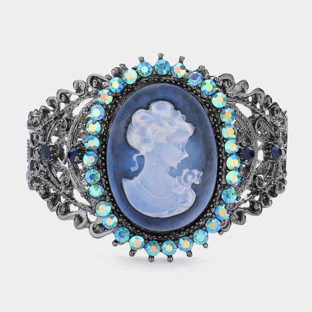 Blue Cameo Centered Stone Trimmed Metal Hinged Bracelet - Jewelry Store by Erik Rayo