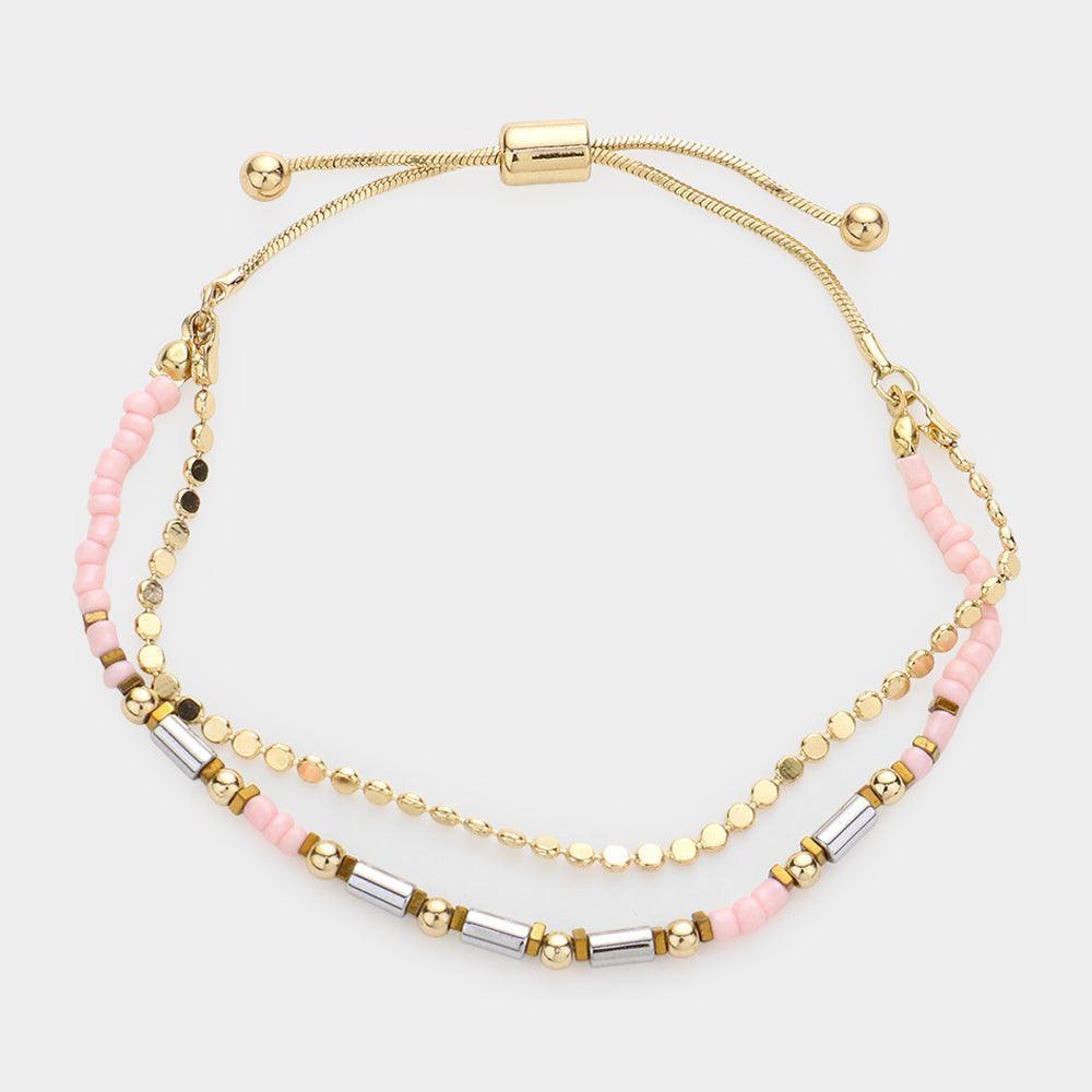 Pink Multi Beaded Double Layered Pull Tie Cinch Bracelet - Jewelry Store by Erik Rayo