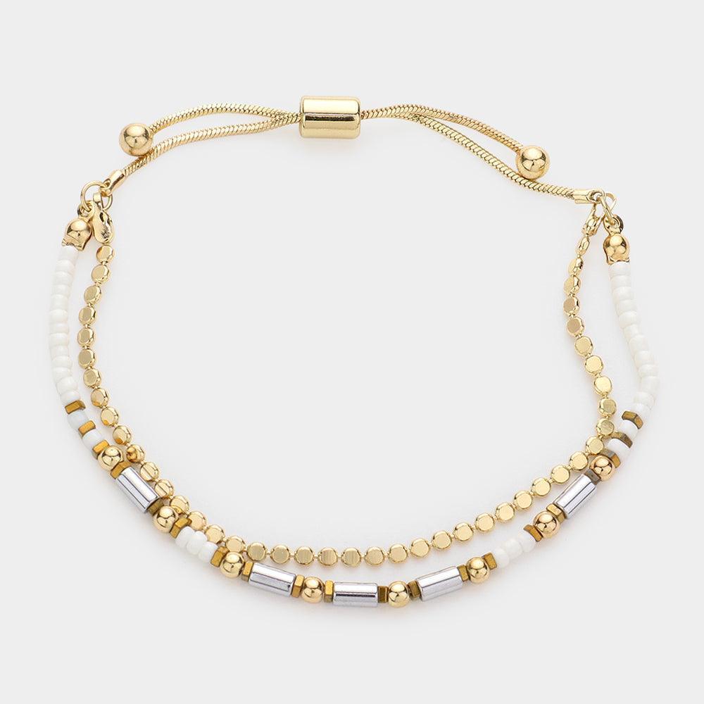 White Multi Beaded Double Layered Pull Tie Cinch Bracelet - Jewelry Store by Erik Rayo