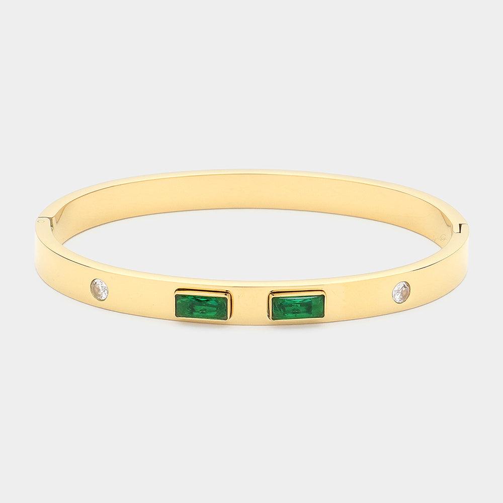 Green Baguette Stone Pointed Metal Hinged Bangle Bracelet