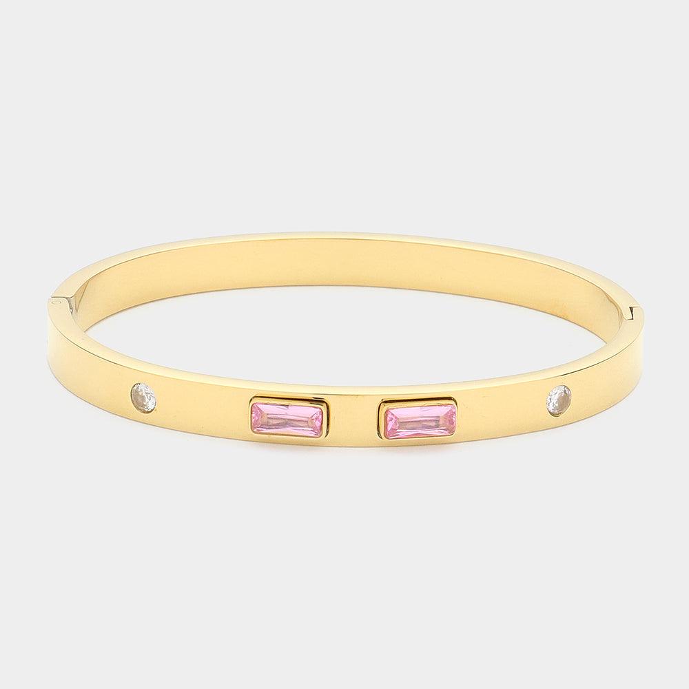 Pink Baguette Stone Pointed Metal Hinged Bangle Bracelet