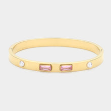 Load image into Gallery viewer, Pink Baguette Stone Pearl Pointed Metal Hinged Bangle Bracelet
