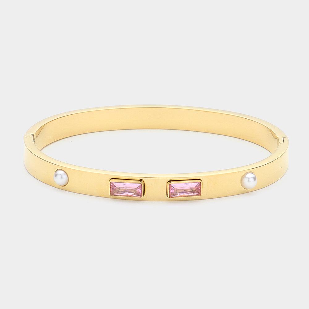 Pink Baguette Stone Pearl Pointed Metal Hinged Bangle Bracelet