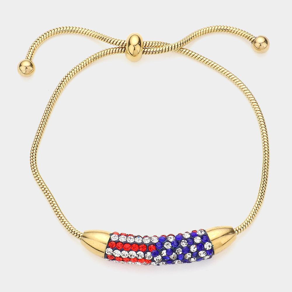 Gold Stone Paved USA Flag Bar Pull Tie Cinch Bracelet - Jewelry Store by Erik Rayo