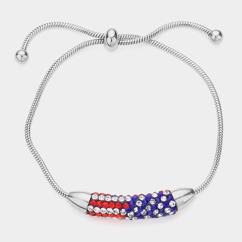 Silver Stone Paved USA Flag Bar Pull Tie Cinch Bracelet - Jewelry Store by Erik Rayo