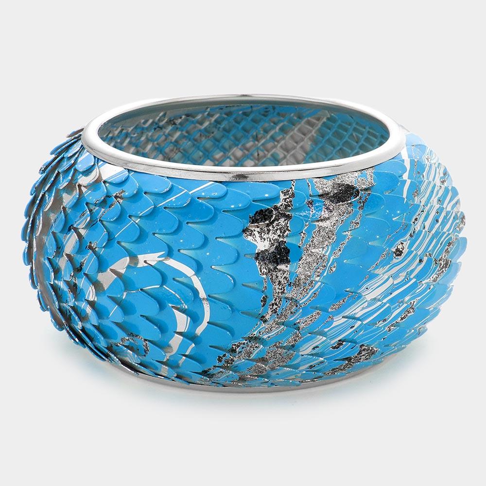 Blue Painted Metal Fish Scale Bangle Bracelet