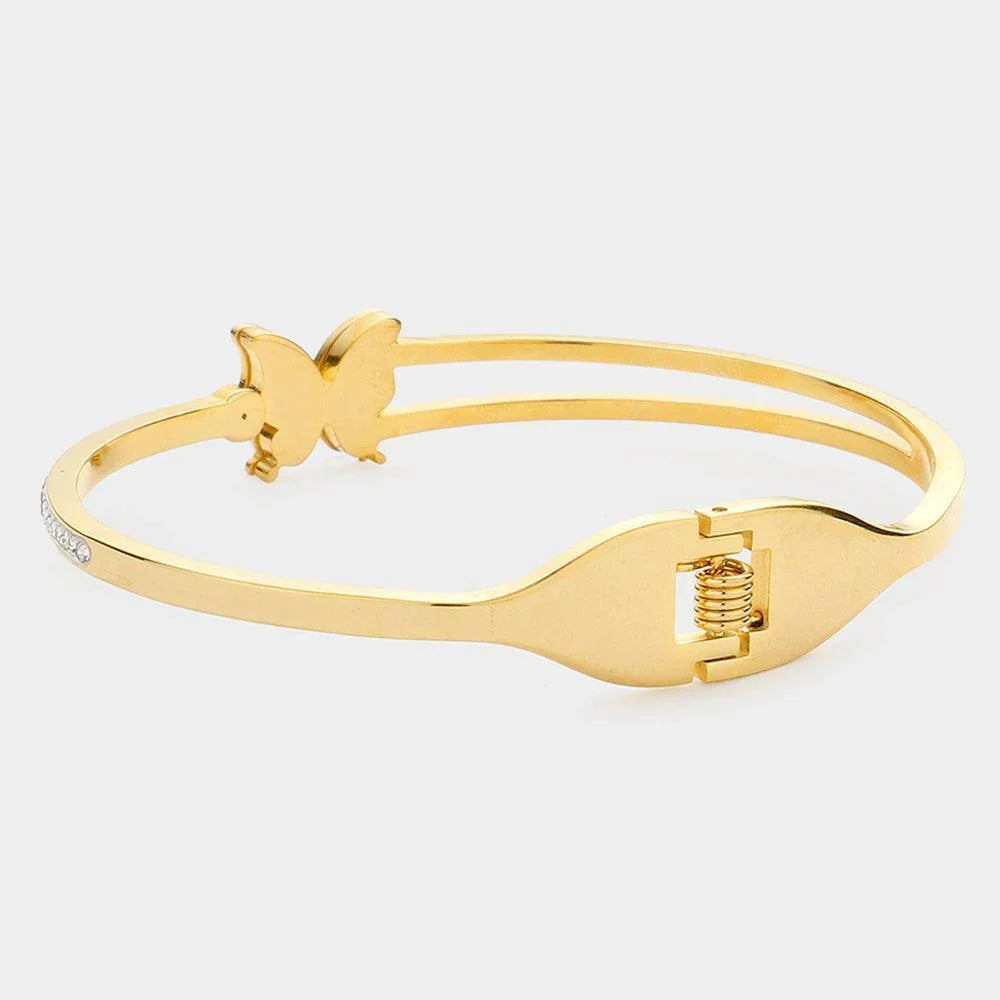 Gold Butterfly Accented Rhinestone Embellished Stainless Steel Hinged Bracelet - Jewelry Store by Erik Rayo