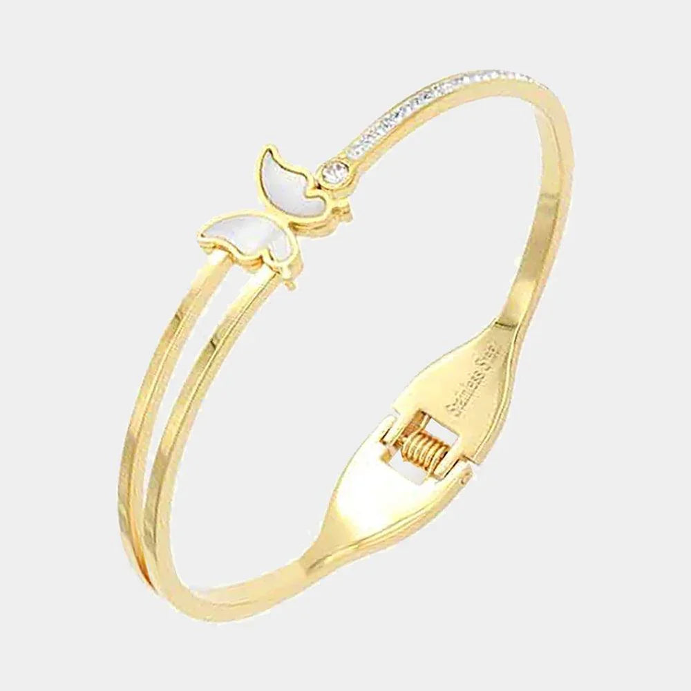 Gold Butterfly Accented Rhinestone Embellished Stainless Steel Hinged Bracelet - Jewelry Store by Erik Rayo