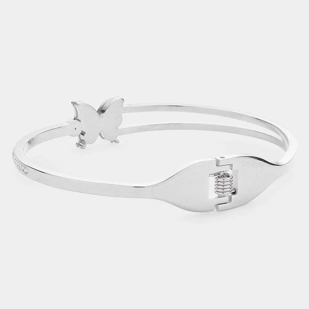 Silver Butterfly Accented Rhinestone Embellished Stainless Steel Hinged Bracelet - Jewelry Store by Erik Rayo