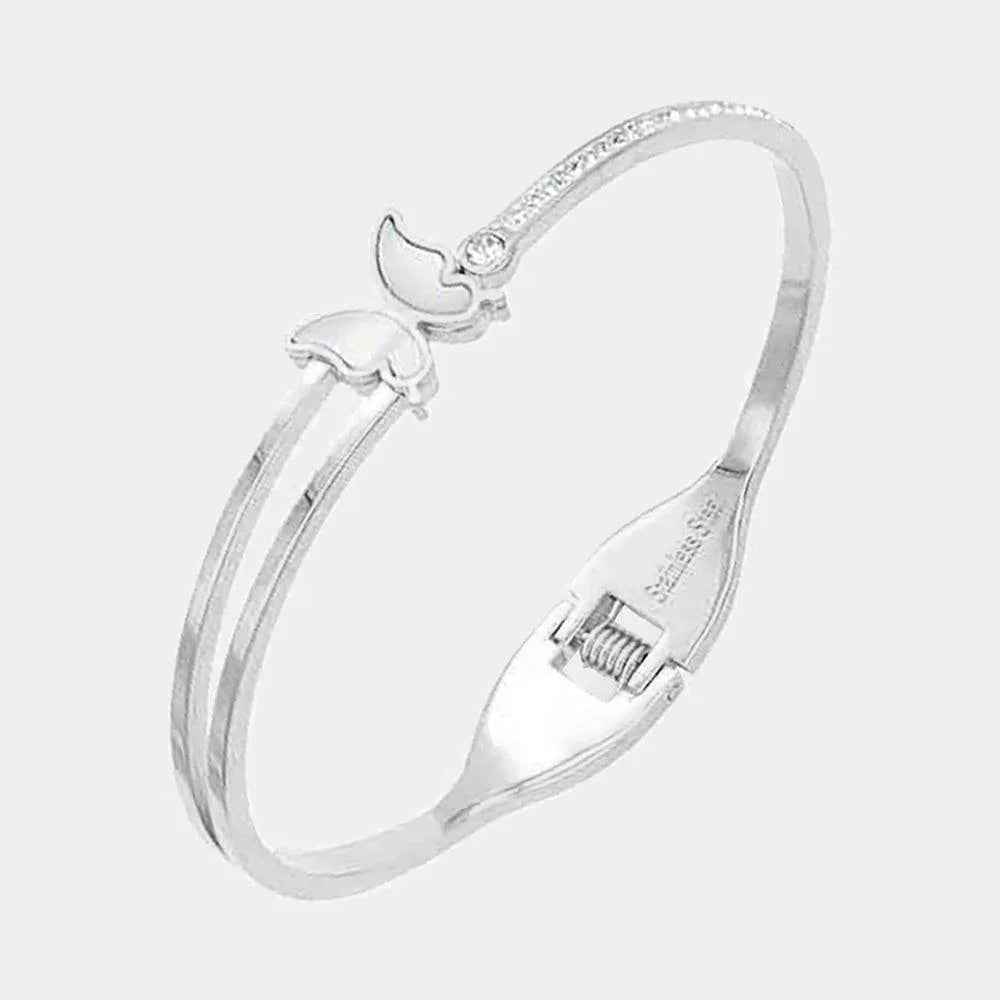 Silver Butterfly Accented Rhinestone Embellished Stainless Steel Hinged Bracelet - Jewelry Store by Erik Rayo