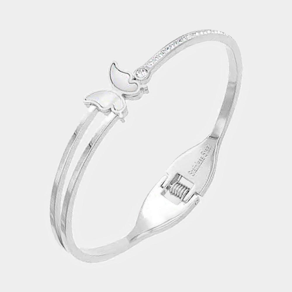 Silver Butterfly Accented Rhinestone Embellished Stainless Steel Hinged Bracelet