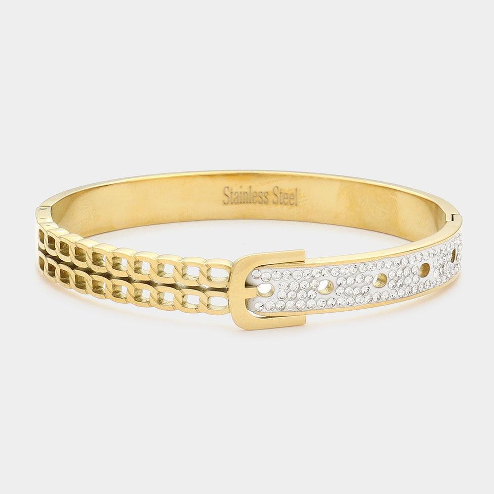 Gold Belt Stone Paved Stainless Steel Hinged Bracelet - Jewelry Store by Erik Rayo