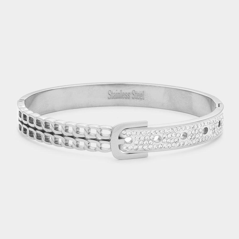 Silver Belt Stone Paved Stainless Steel Hinged Bracelet