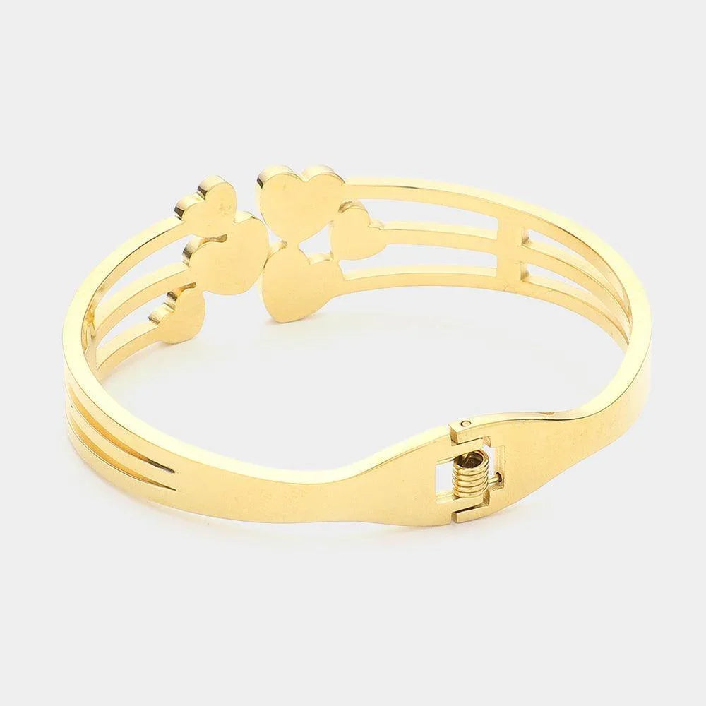 Gold Stainless Steel Stone Paved Hearts Pointed Split Hinged Bangle Bracelet - Jewelry Store by Erik Rayo