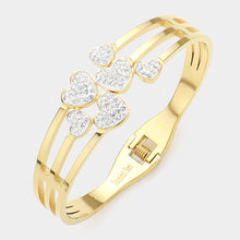 Load image into Gallery viewer, Gold Stainless Steel Stone Paved Hearts Pointed Split Hinged Bangle Bracelet
