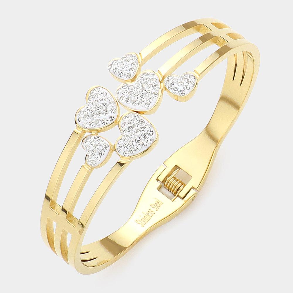 Gold Stainless Steel Stone Paved Hearts Pointed Split Hinged Bangle Bracelet