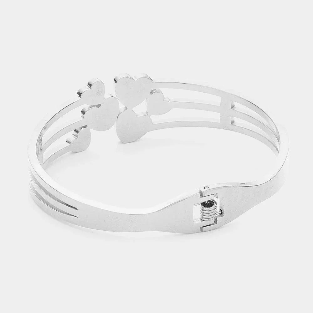 Silver Stainless Steel Stone Paved Hearts Pointed Split Hinged Bangle Bracelet - Jewelry Store by Erik Rayo