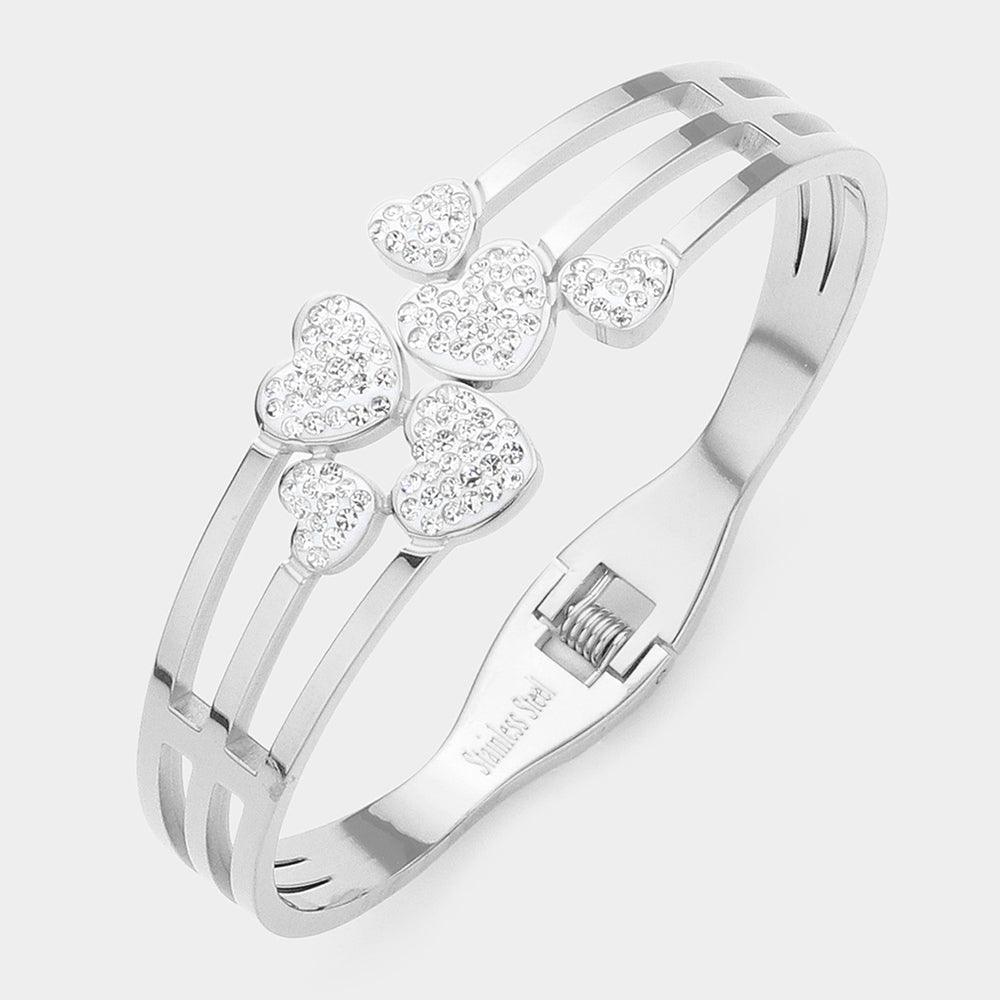 Silver Stainless Steel Stone Paved Hearts Pointed Split Hinged Bangle Bracelet