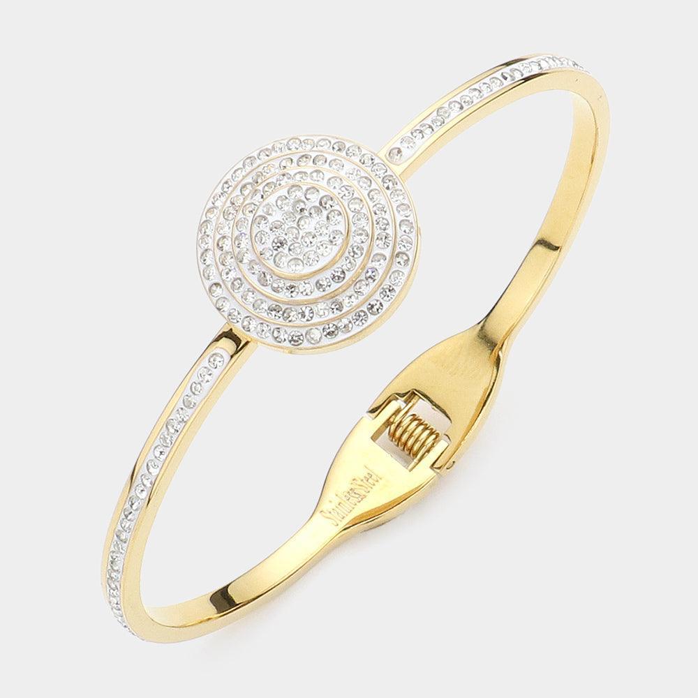 Gold Stainless Steel Stone Paved Disc Pointed Hinged Bangle Bracelet - Jewelry Store by Erik Rayo