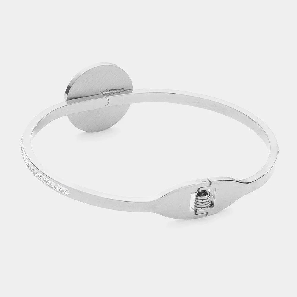 Silver Stainless Steel Stone Paved Disc Pointed Hinged Bangle Bracelet - Jewelry Store by Erik Rayo