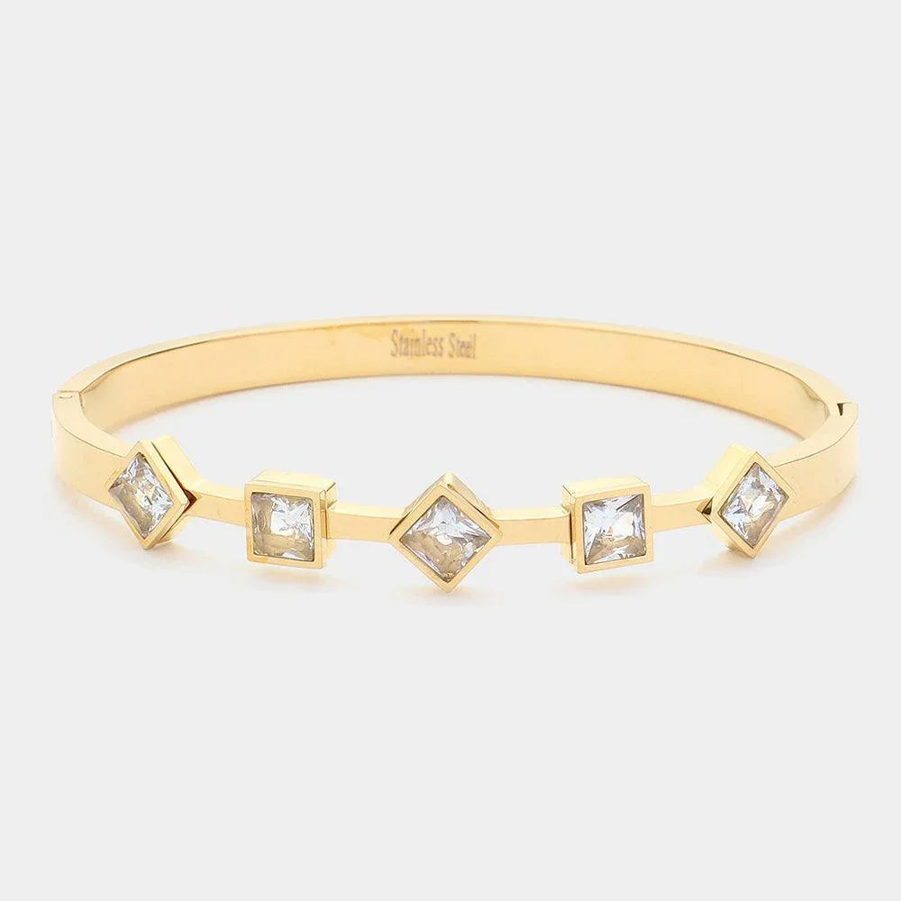 Gold Diamond Square Stone Cluster Pointed Stainless Steel Bangle Bracelet - Jewelry Store by Erik Rayo