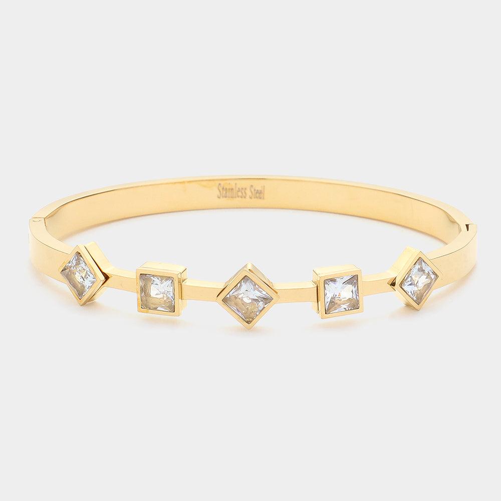 Gold Diamond Square Stone Cluster Pointed Stainless Steel Bangle Bracelet