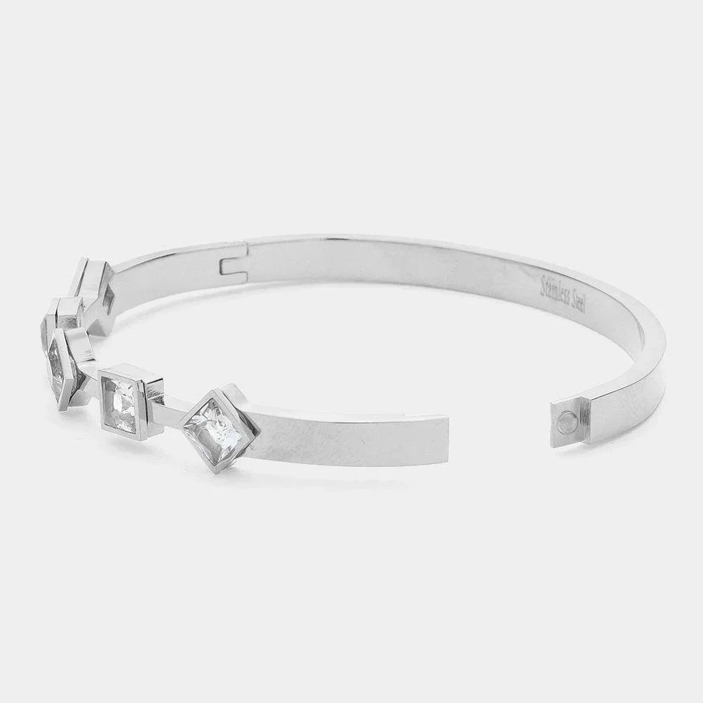Silver Diamond Square Stone Cluster Pointed Stainless Steel Bangle Bracelet - Jewelry Store by Erik Rayo